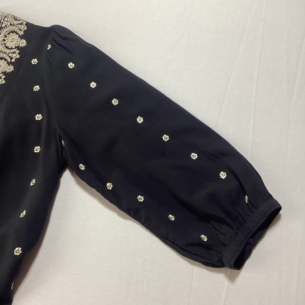 Woman’s Black Blouse with Gold Embroidery 3/4 Sleeves - Picture 8 of 13